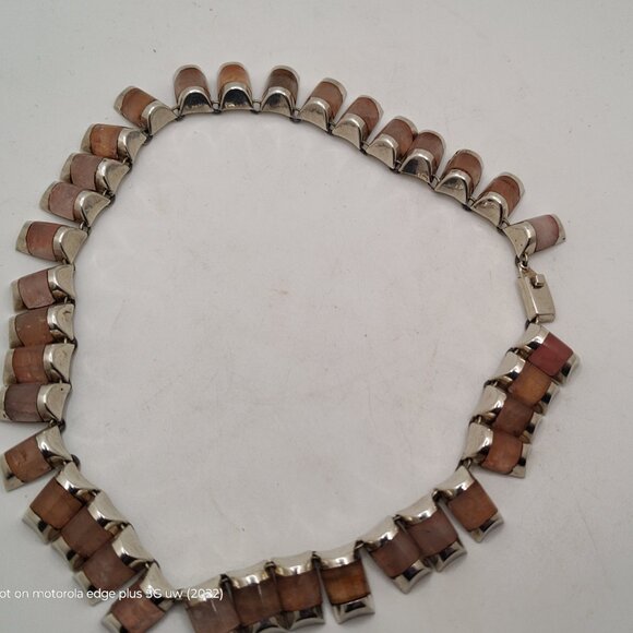 Vintage Sterling By Laura:   Sterling Tile and Moonstone Collar Necklace 14" - Picture 5 of 16